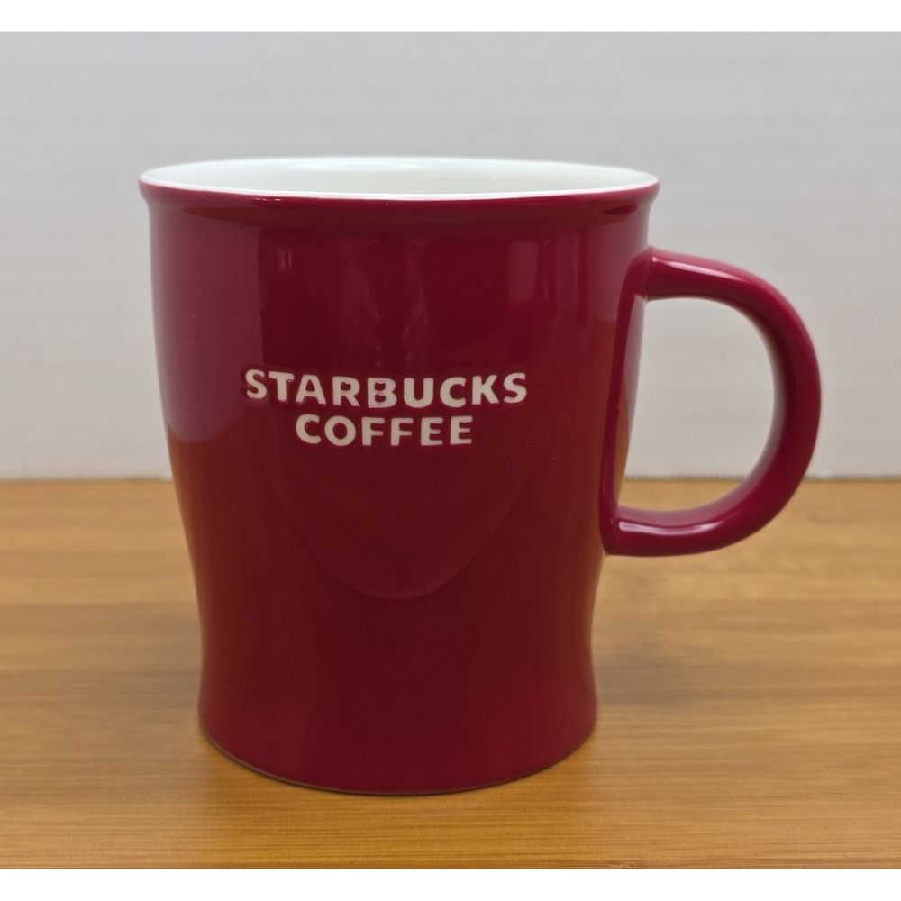 Starbucks 2008 Embossed Coffee Tea Mug Red White‎ Logo White Inside 14 oz